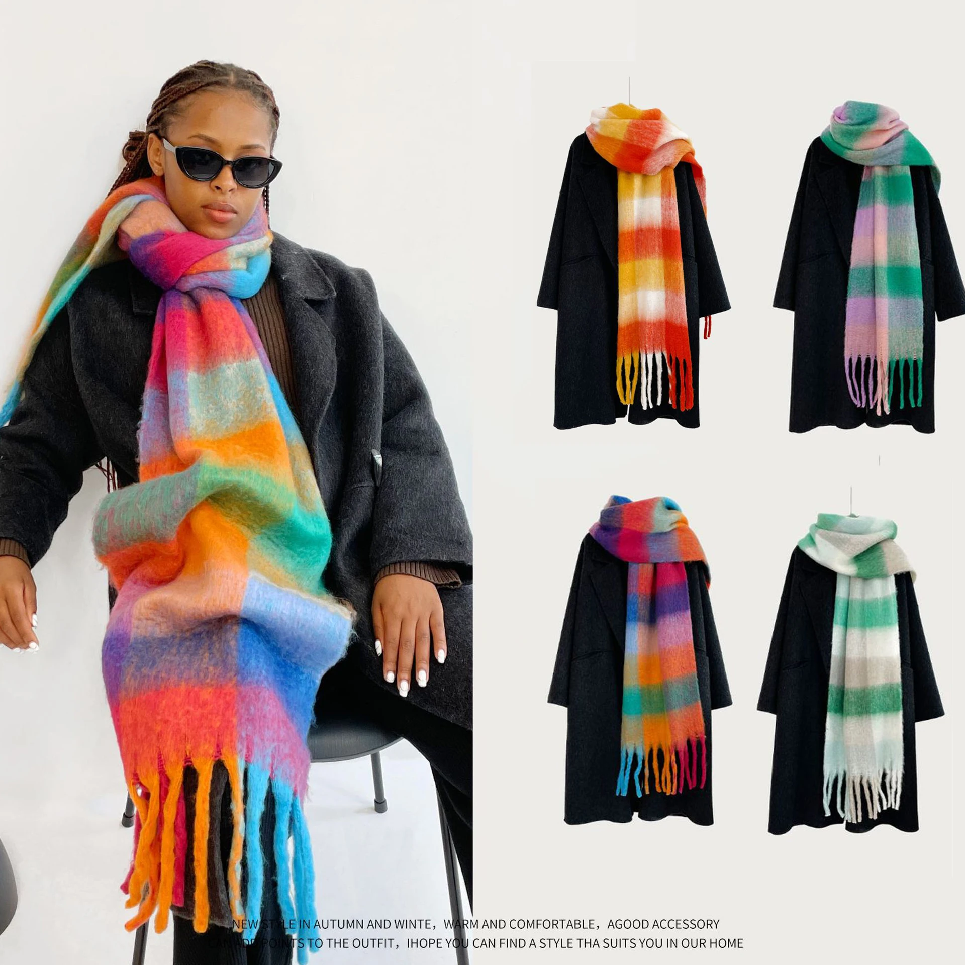 

large long mohair scarf for women autumn winter colorful plaid fashion scarf thickened