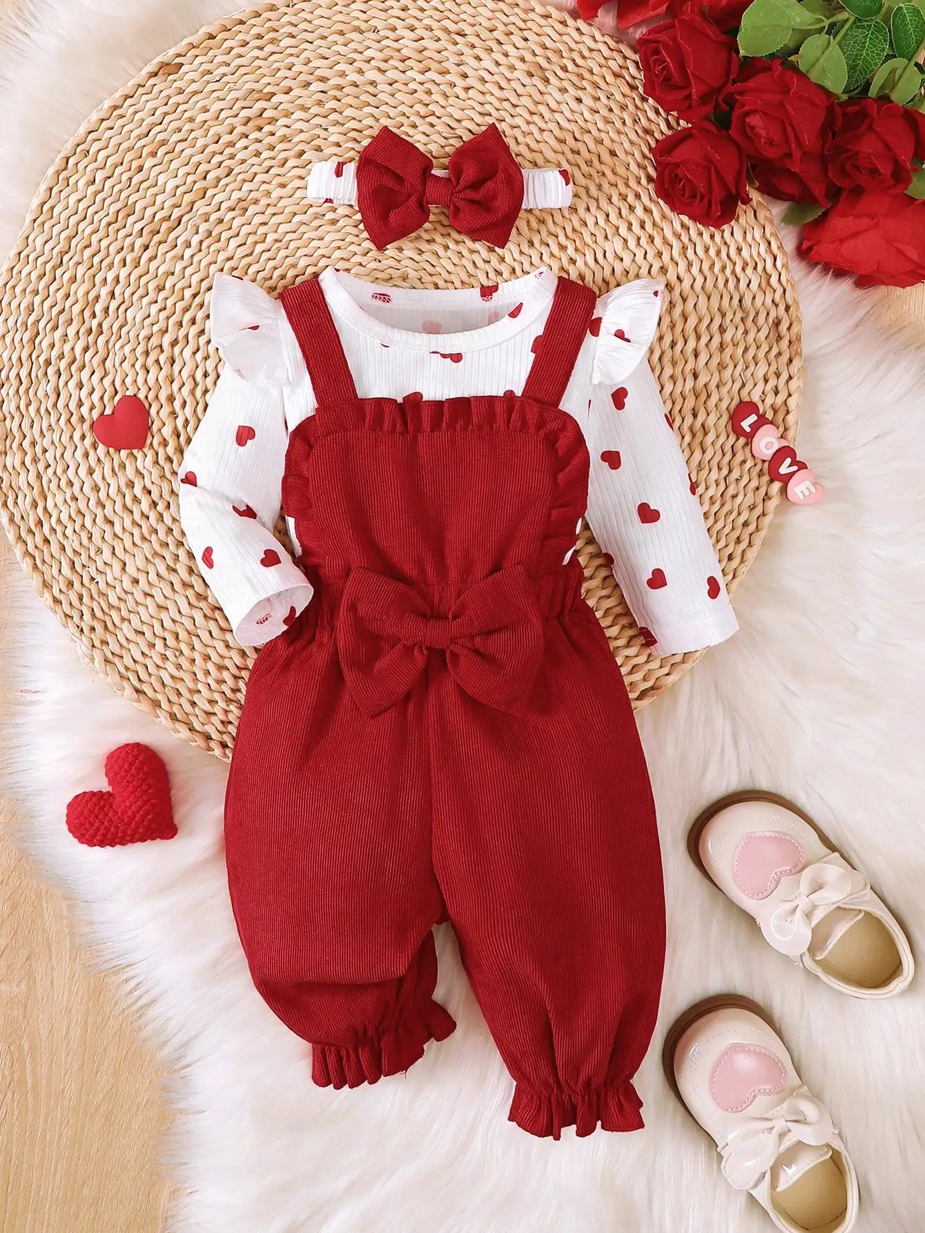 Spring and Autumn Lively and Cute Baby Girl Outfit with Valentine's Day Heart-Shaped Pattern, Round Neck Long-Sleeve Romper + Bow-Decorated Pants + Headband Set, Casual and Adorable Baby Girl Clothing, Suitable for Daily Casual Outings, Playing, Photography, and as a Gift