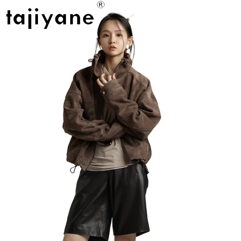 TAJIYANE Top Layer Sheepskin Suede Genuine Leather Jacket Woman Short Leather Coat Vintage Jackets for Woman Chic Outerwear 가죽자켓