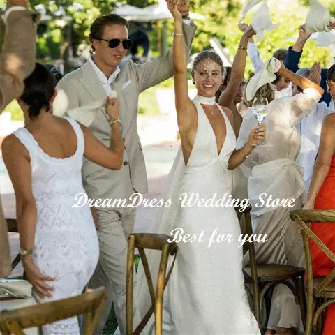 DREAM Anpassad Enkel V-ringad Halter Sjöjungfru Crêpe Bröllopsklänning För Damer Boheimisk Rygglös Sweep Släp Brudklänning 2025 10 best sales importerade bröllopsklänningar - №7