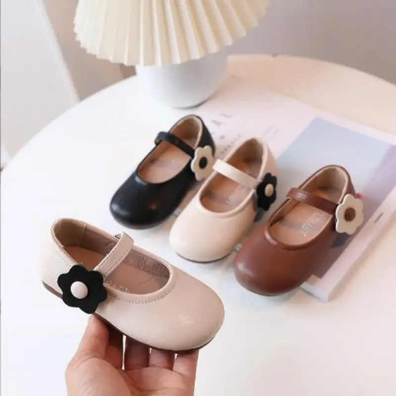 2024 Autumn New 3 Color Genuine Leather Little Girl Sweet Flower Princess Shoes Korean Version Of Fashion Girls Shoes Size 21-33