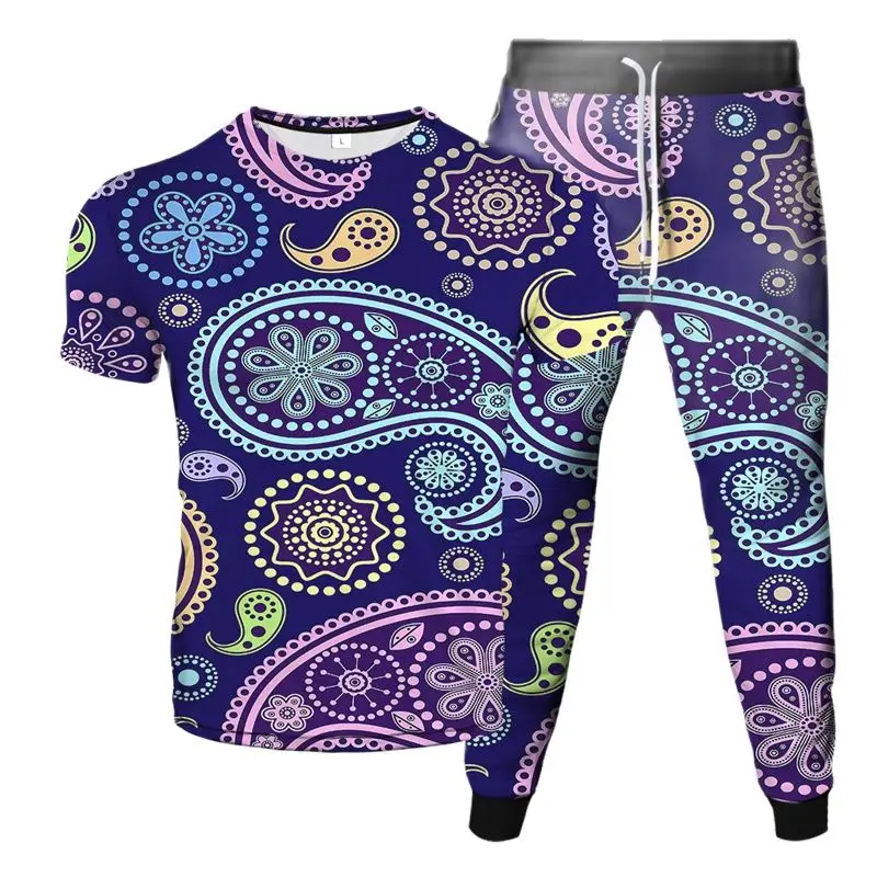 Colorful Cashew Flower Tracksuit Men Women 2 Piece Set Paisley UFO Bitcoin 3D Print T-Shirt Pants Suit Couple Jogging Sportswear