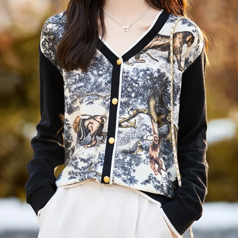 Spring Autumn Women 100% Wool Silk Stitching Sweater New V-neck Printing Cardigan Casual Knitted Soft Jacket Slim Warm Tops