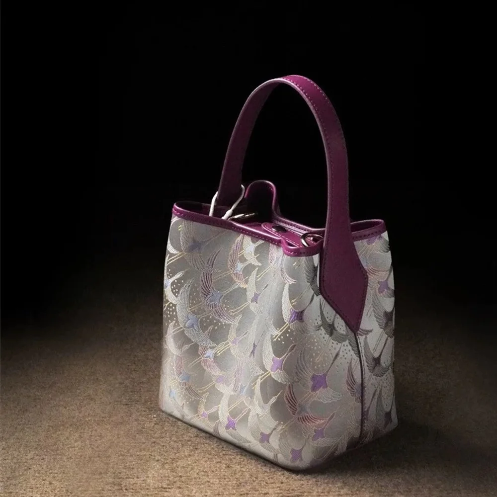 New Chinese style, new Song brocade bucket, Chinese style, four in one flower, purple green, single shoulder, crossbody cowhide