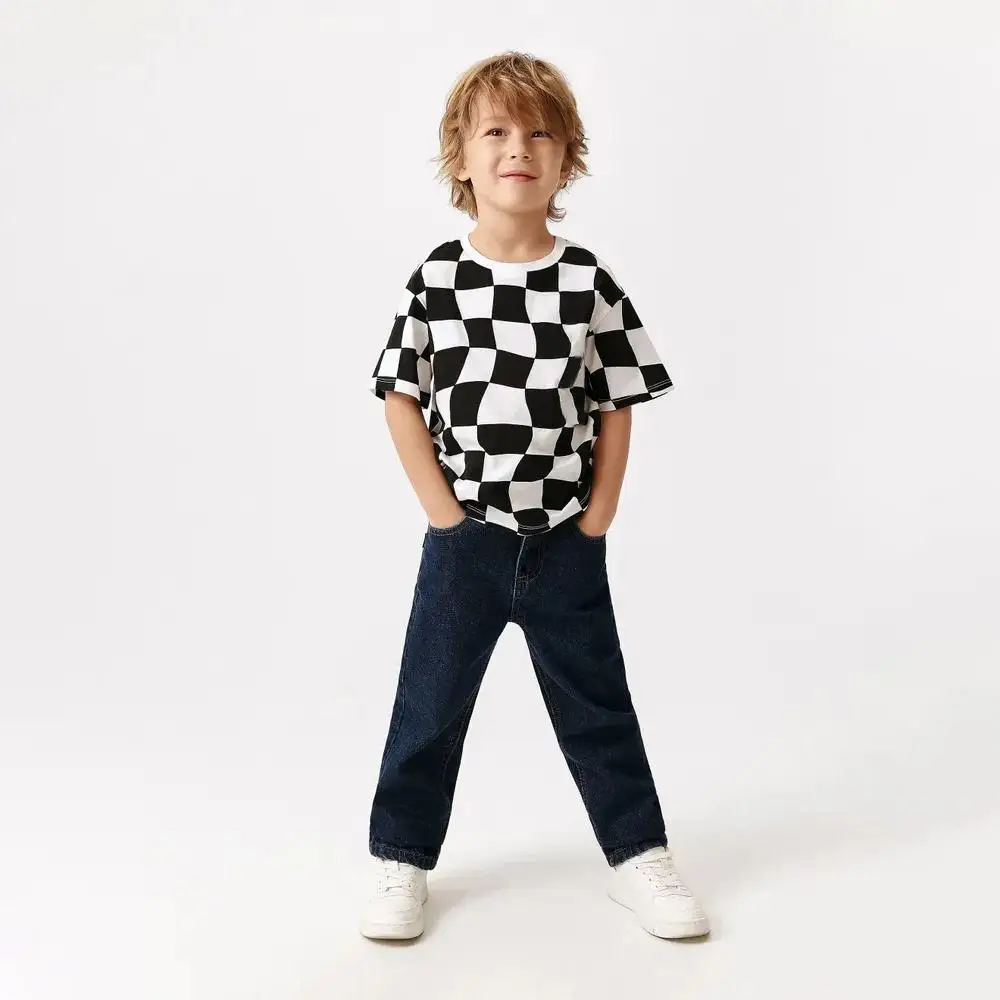 Classic Black And White Plaid Graphic T-shirt Kid's Clothing Casual Parent-child Outfit Boys Girls Daily Wear Round Neck Tops