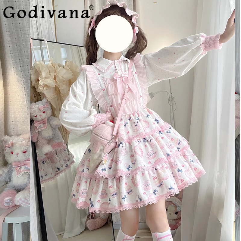 

Japanese Girls Kawaii Lolita Sling Dress Jsk Autumn Women's Cute Printed Sleeveless Mini Dress Birthday Dress Long Sleeve Shirt