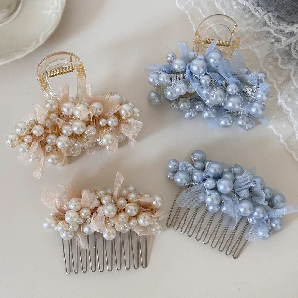 New Dreamy Pearl Organza Hair Accessory Set Floral Beaded Hair Claw Clip And Comb In Pastel Tones For Women Bridal And Daily Use