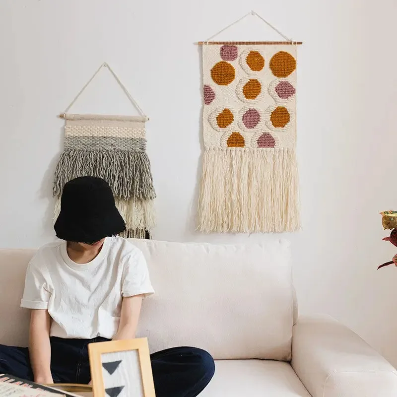 Macrame Wool Wall Hanging, Handmade Woven Tapestry for Living Room, Boho Bedroom Decor with Fringe, Natural Art for Apartment