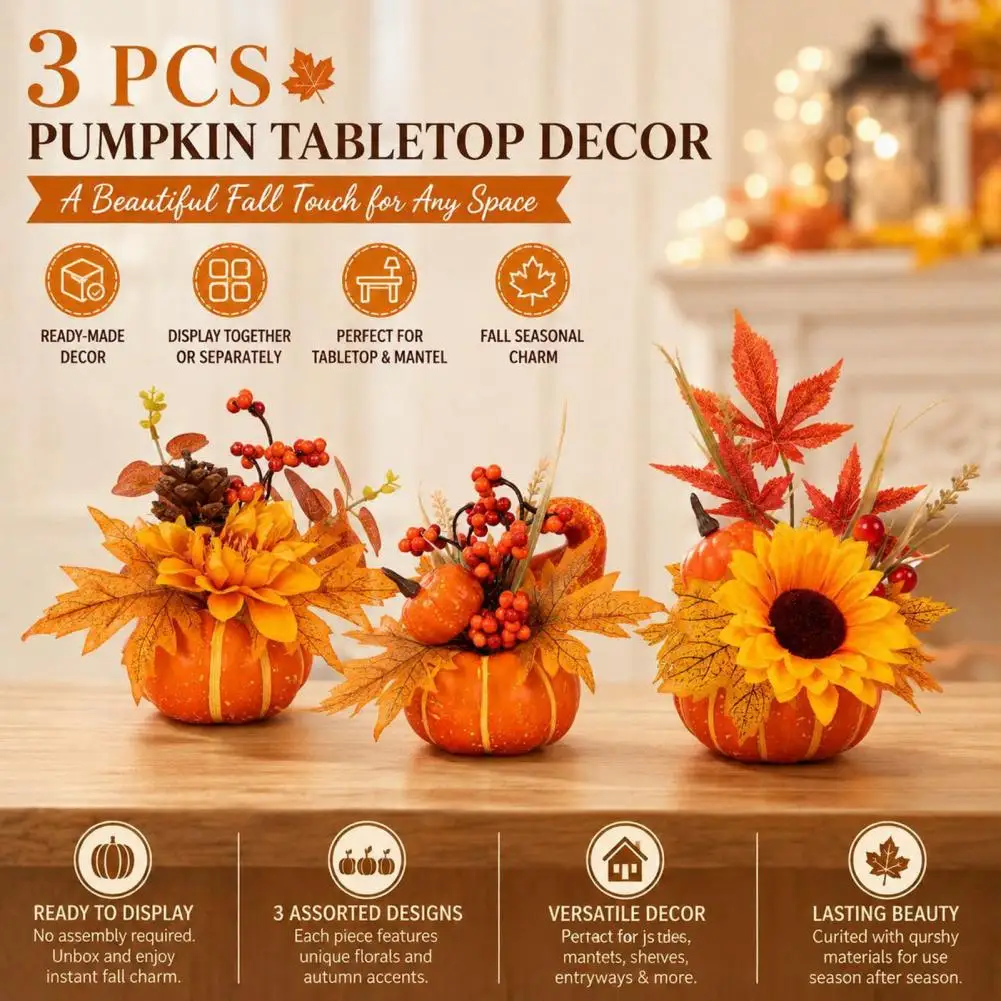 Rustic Thanksgiving Table Decor Artificial Pumpkin Decor Artificial Pumpkin Table Centerpiece with Sunflowers Maple Leaves Pine