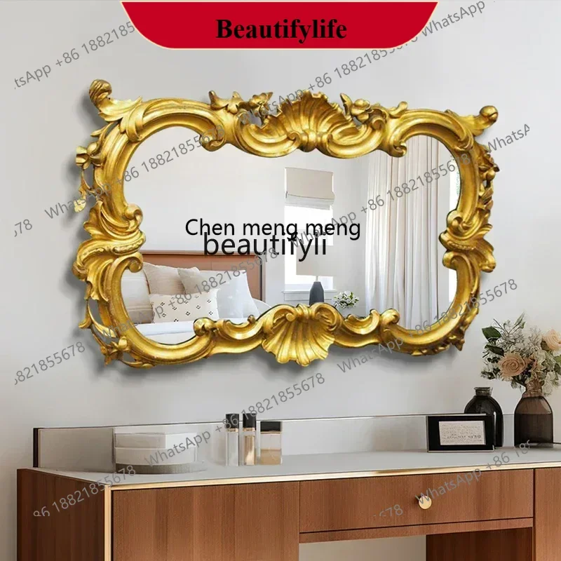 D178   French retro carved bathroom mirror wall hanging vanity mirror living room light luxury American decorative mirror
