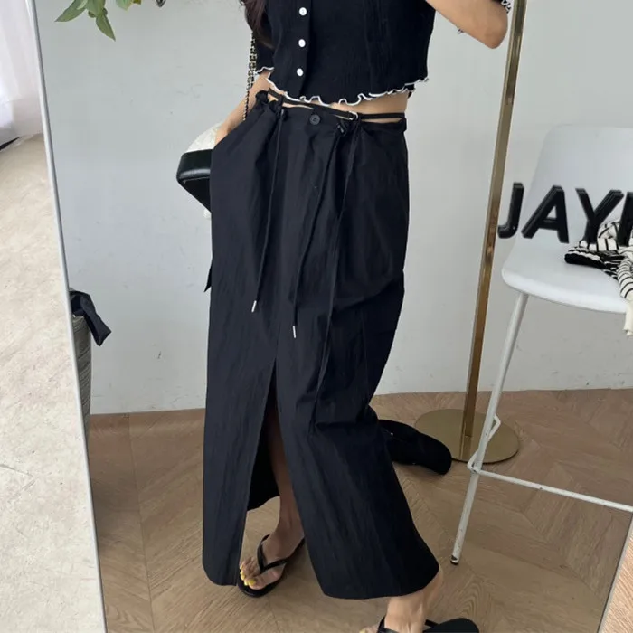 Women's A-Line Long Skirt Workwear  Skirt Slimming Dstring Waist Thin Loose ket Front Slit Versatile Commute Sle
