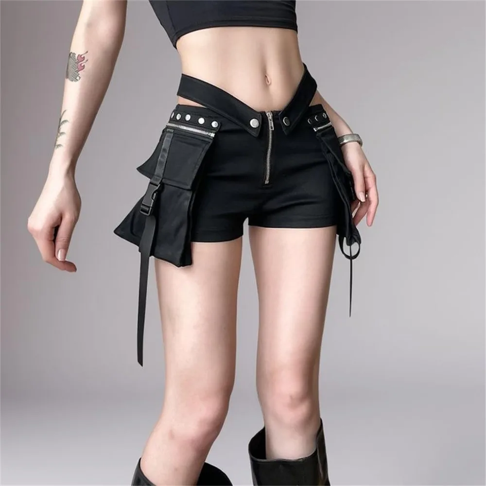 

New Black Gothic Big Pockets Shorts Safari Dark Casual Slim Low-Waisted Shorts Female Summer Fashion Streetwear Pants