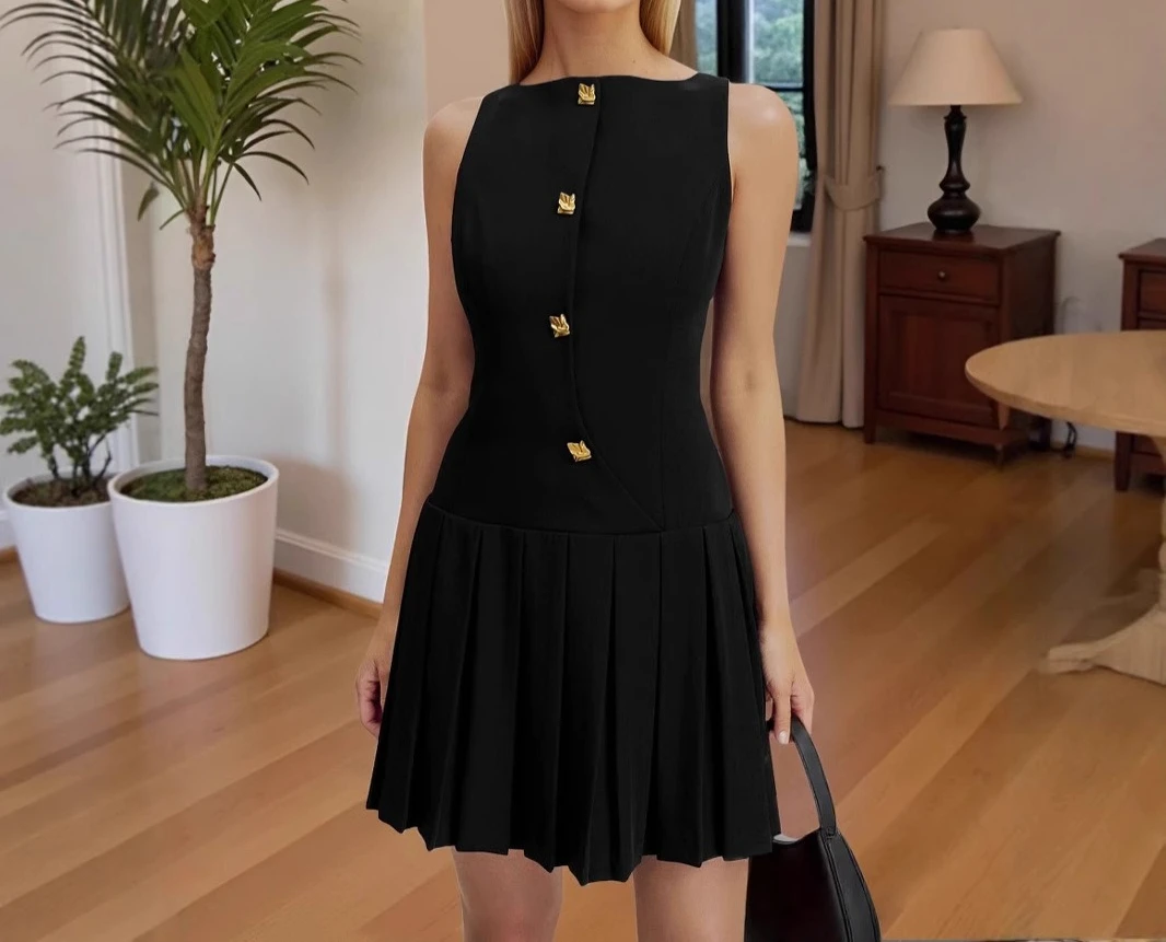 

New for Spring and Summer Simple Women's Clothing Personality Wide Hem Pleated Waist Solid Color Sleeveless Short Dress