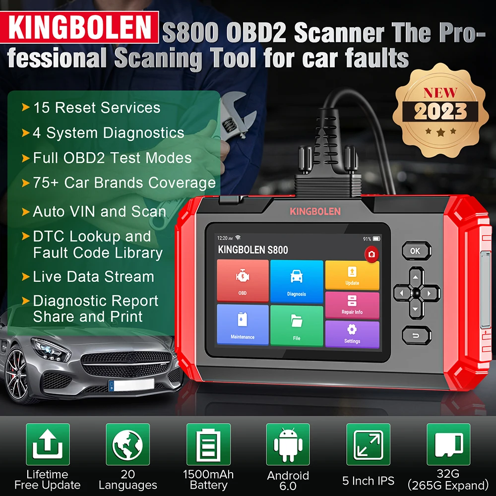 KINGBOLEN S800 OBD2 Scanner 4 Systems Car Diagnostic Tools ABS SRS ECM TCM 15 Resets Oil Brake SAS ETS Resets Lifetime Free Use