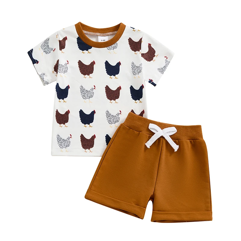 Toddler Boys Summer Outfits Chick Print Short Sleeve T-Shirts Tops Elastic Waist Shorts 2Pcs Clothes Set