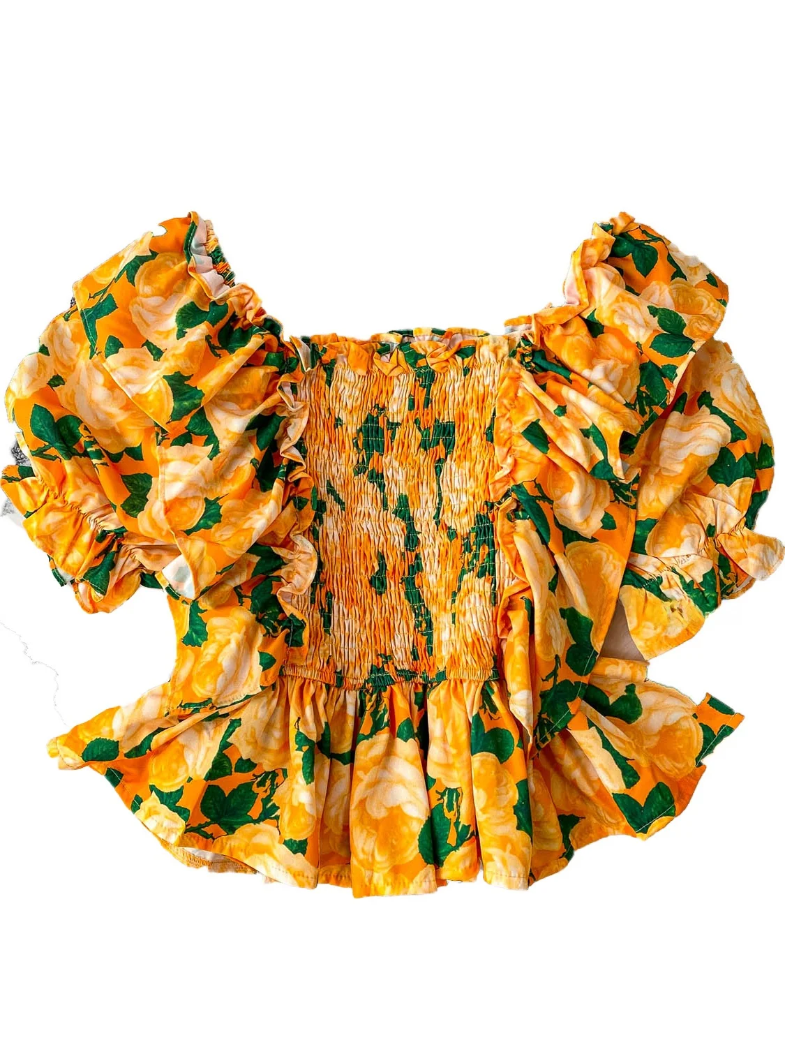 Sweet Floral Ruffle Hem Square Collar Bubble Sve irt Women's Slim Fit ort Top Elastic Waist Summer Korean Sle