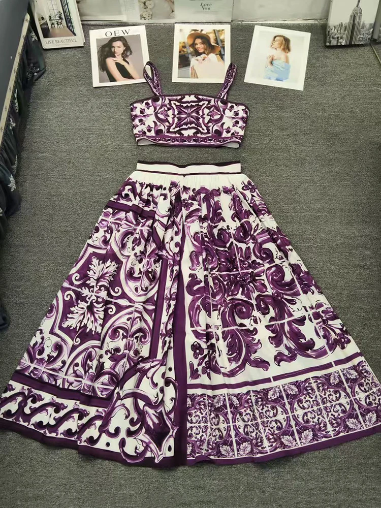 

2025 Summer Women's retro geometric print strapless halter pullover shirt Two-piece set + High-waisted loose skirt Fashion set