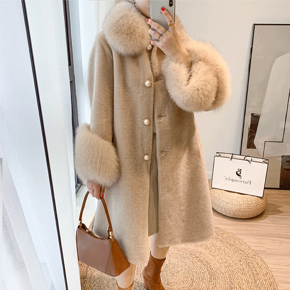 FURYOUME Long Real Fur Coat for Women Casual Jacket Sheep Shearing Wool Blends Fox Fur Collar Thick Warm Outerwear Winter New