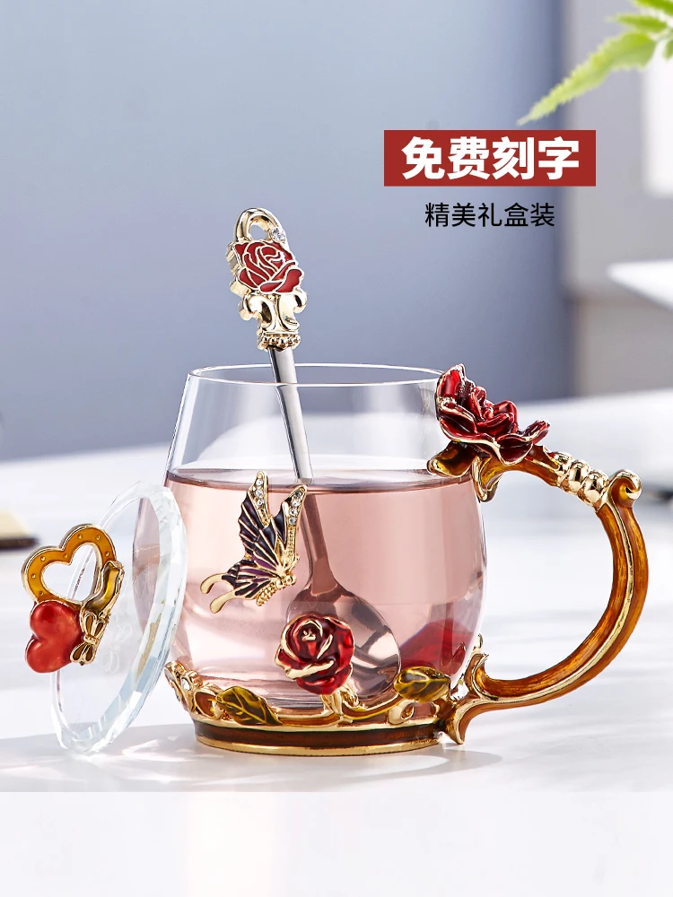 Enamel transparent glass bubble tea water cup women's household exquisite gift box with lid