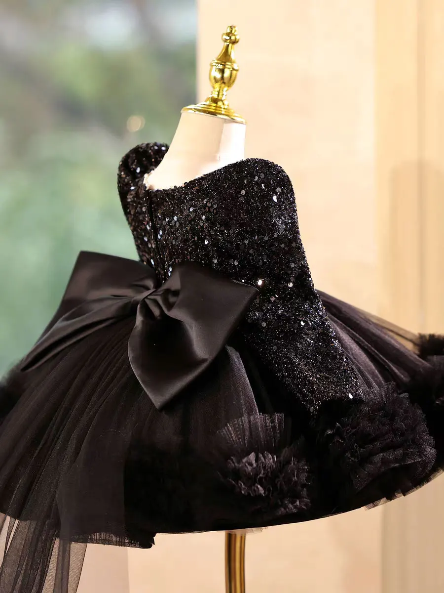 Jill Wish J733 Elegant Black Girl Dress Beading Knee Length with Train for Children Wedding Birthday Party Pageant Ball Gown