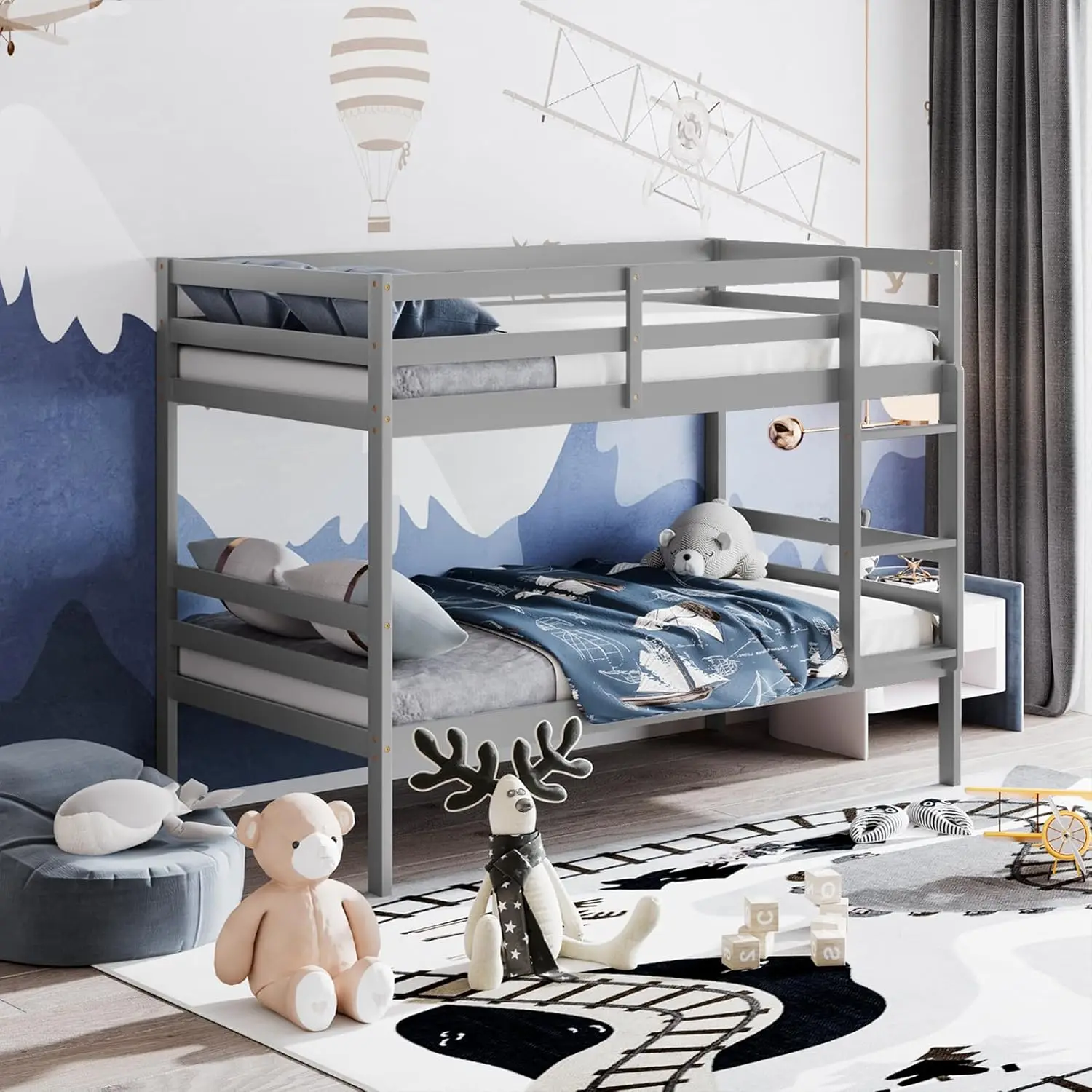 سرير خشبي بطابقين مزدوج فوق توأم، سرير بطابقين مع سلم ودرابزين أمان، إطار سرير من الخشب الصلب، مثالي للمهاجع والمتعدد