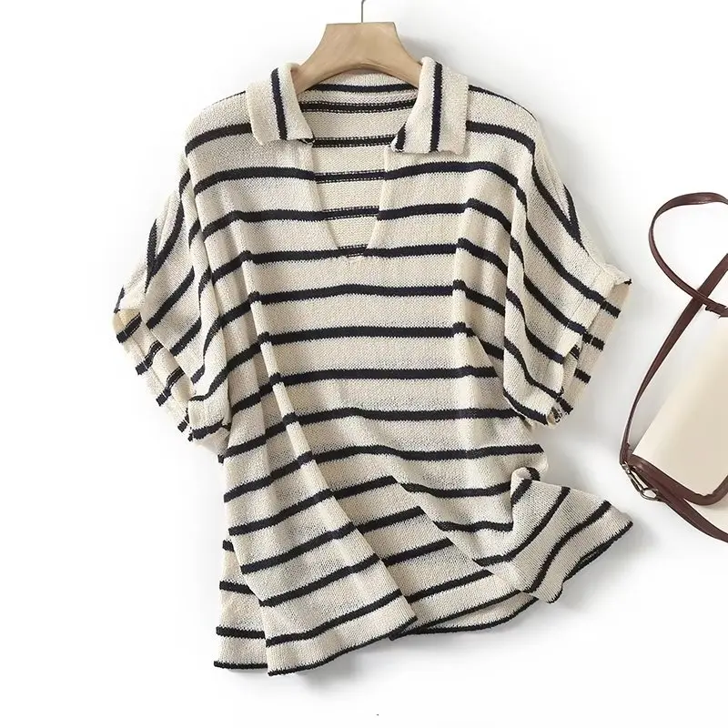 Withered French Elegant Lazy Wind Loose Striped Top Fashion Casual Commuter T-shirt Women For Summer