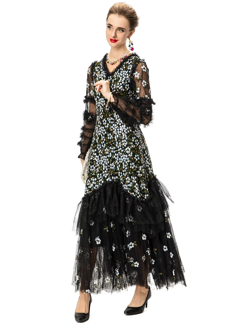 DLDENGHAN 여성용 스팽글 자수 메쉬 맥시 드레스 브이넥 랜턴 슬리브 프릴 우아한 볼 가운 드레스 패션 가을 여성