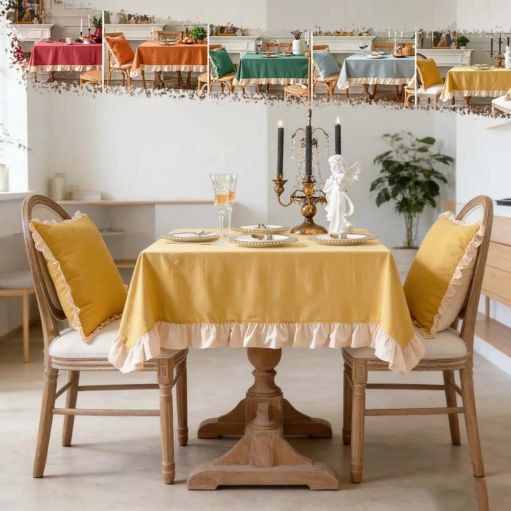 

1PC Washed Cotton Retro Farmhouse Ruffle Tablecloth Washable Anti-stain Table Cover for Dining Room Picnic Party Home Decoration