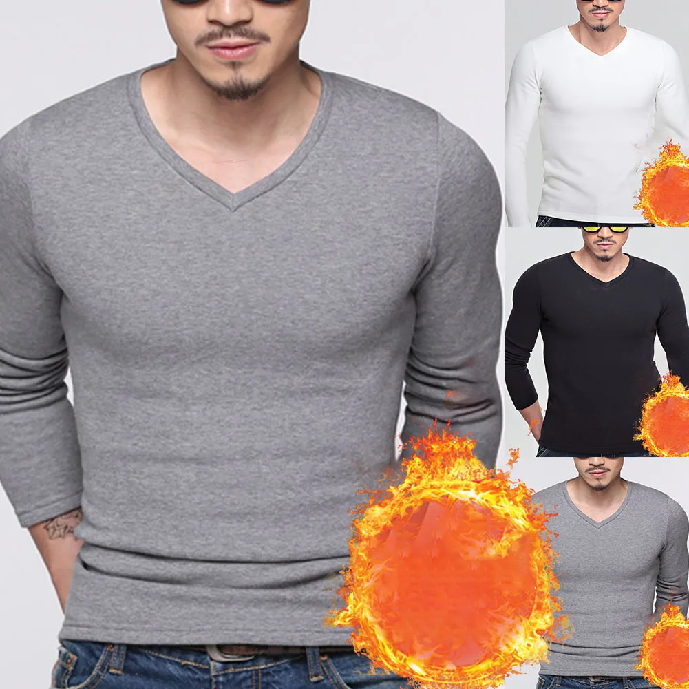 Mens Winter Thermal Fleece Lined V Neck Long Sleeve Undershirt Pullover Tops Elastic Compressions Fitness For Winter Sprots Wear