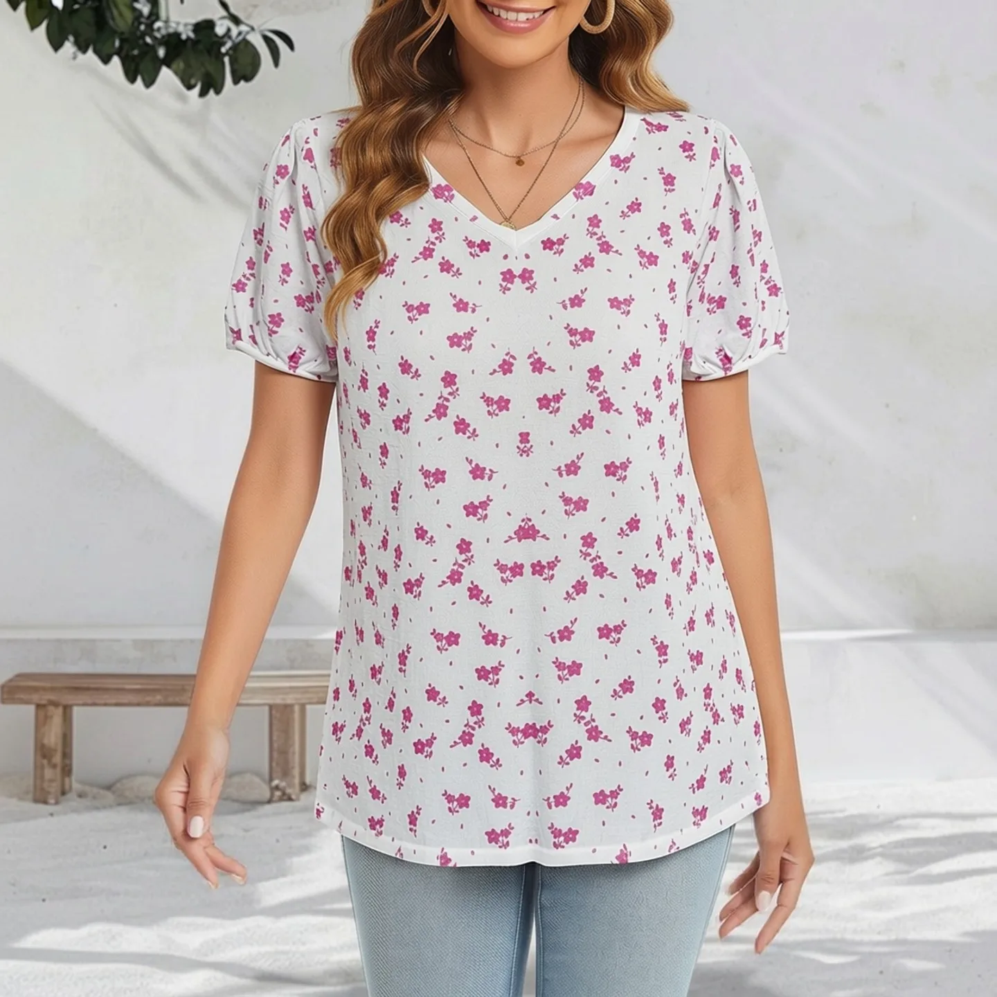 

Женский свитер больших размеров, весна-лето, с коротким рукавом, V-образным вырезом, повседневный, в корейском стиле, с принтом, свободный, для ношения под одеждой, джемпер