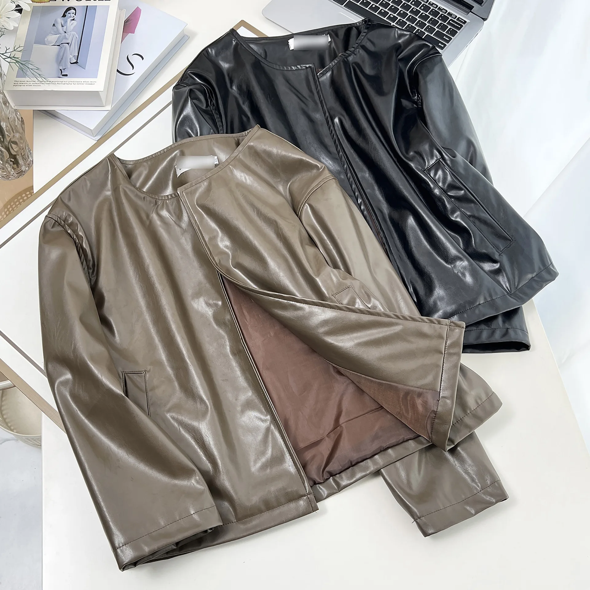 XXXXL Mode Plus Size Dames PU Leren Jas 2025, Nieuwe Stijl Elegante knopvrije Eenvoudige Jassen 1731