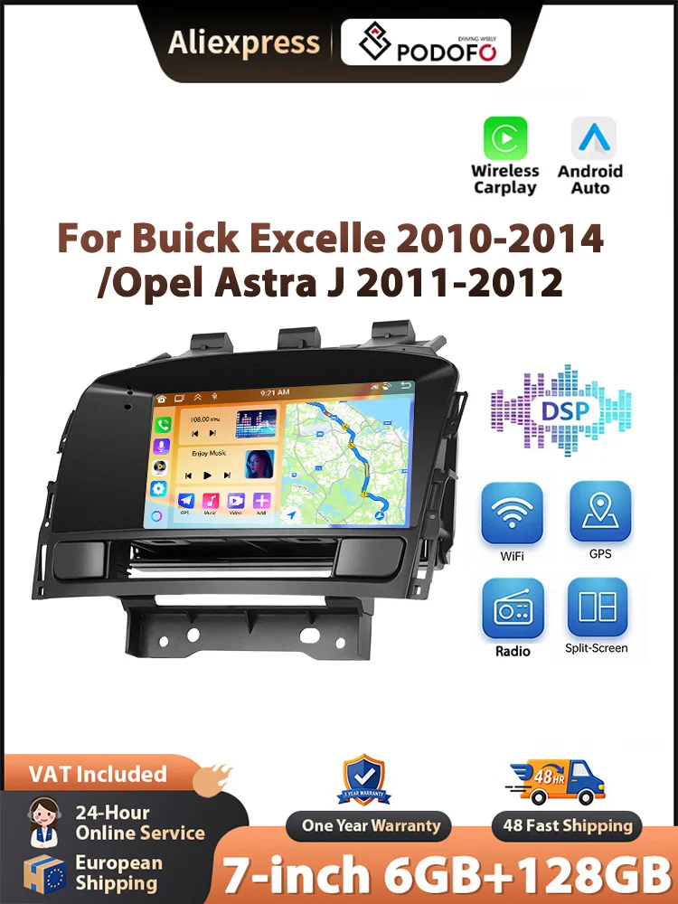 Podofo Autoradio für Opel Astra J 2011-2012, kabelloses CarPlay, Android-Headunit, GPS-Navigation, WLAN, FM/RDS, Car-Player, BT, EQ
