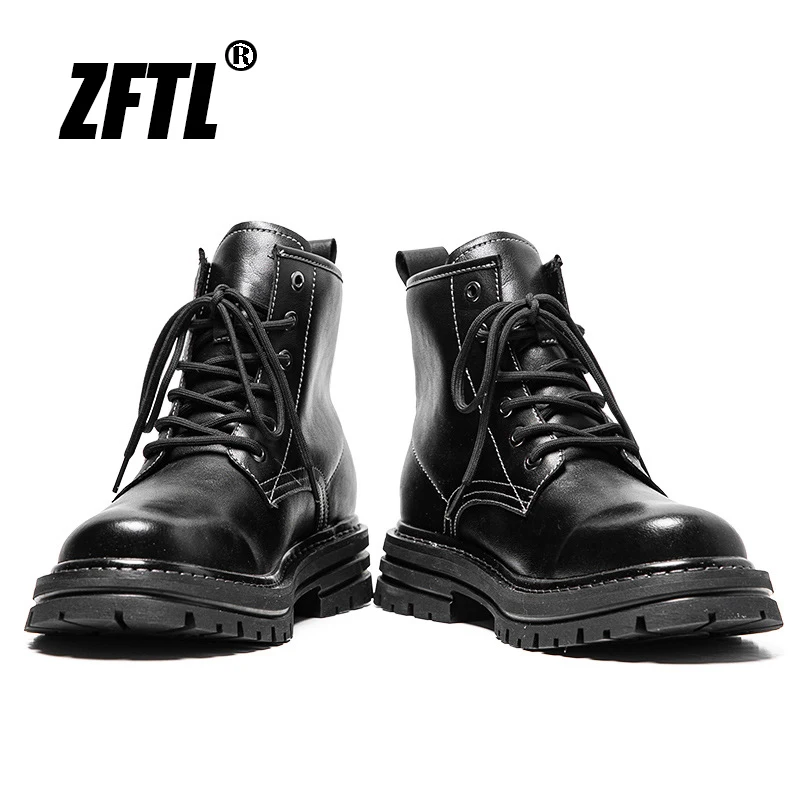 ZFTL Men\'s Chelsea Boots Man Casual Lace up Ankle Boots Male Cowhide Biker Leather Boots Workwear boots 2023 British Style Black