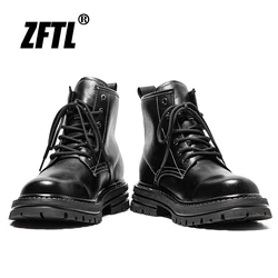 ZFTL Men's Chelsea Boots Man Casual Lace up Ankle Boots Male Cowhide Biker Leather Boots Workwear boots 2023 British Style Black