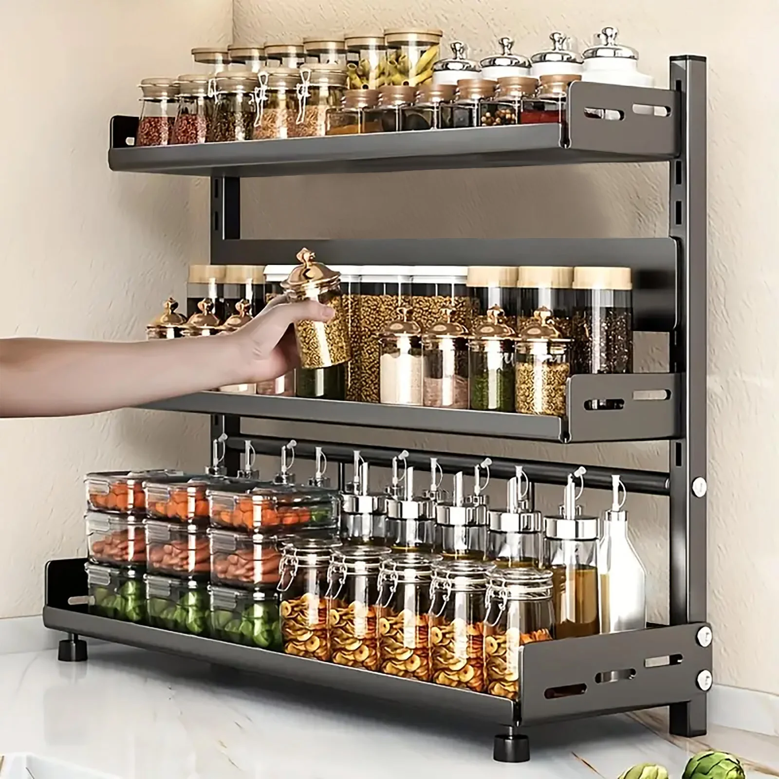 Estante Organizador de Especias de 3 Niveles para Encimera, Estantería Ajustable en Altura para Almacenamiento de Especias en la Cocina