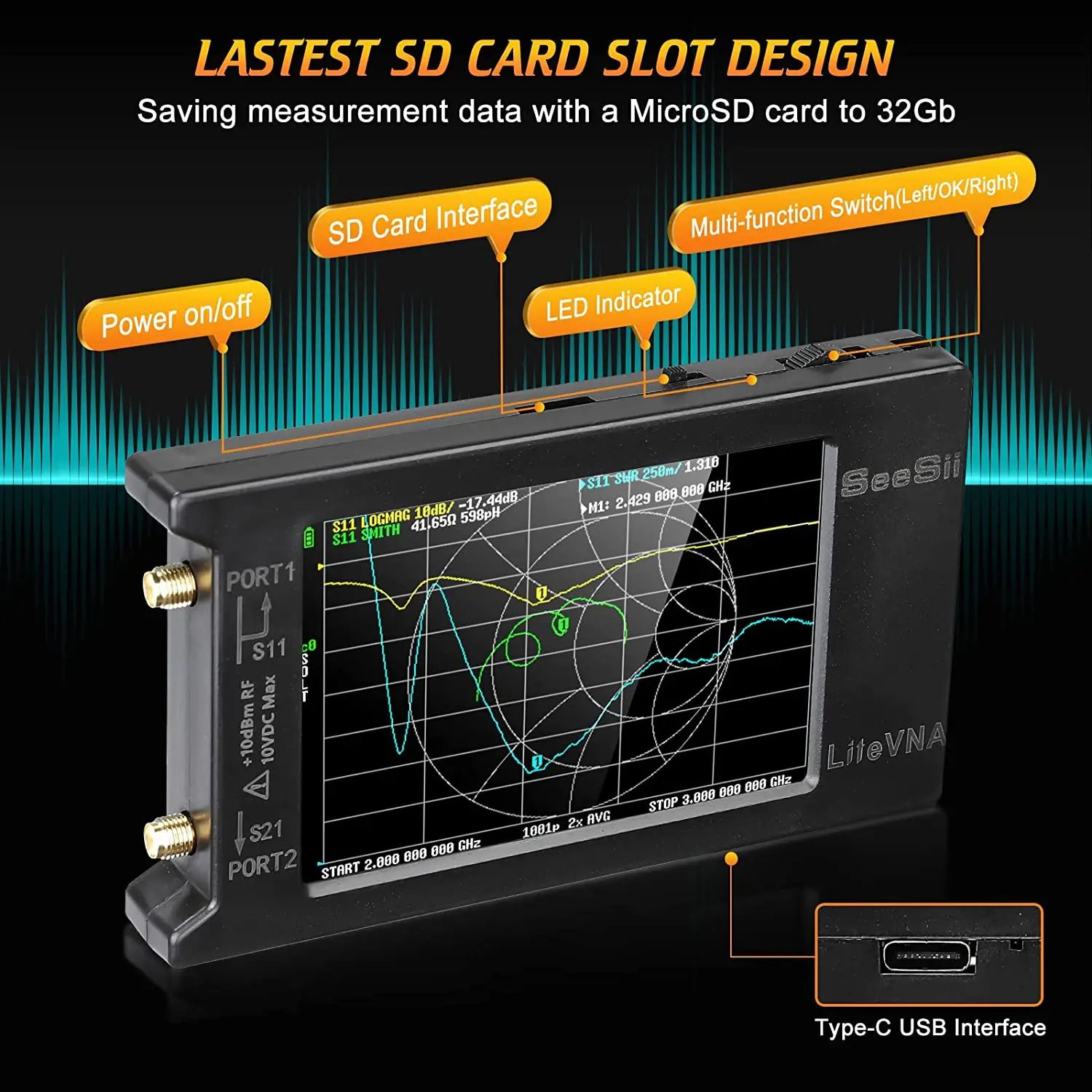 Imagem -04 - Litevna Vector Network Analyzer Analisador de Espectro 50khz63 Ghz Suporte Nanovna Armazenamento de Dados Antena Litevna 64