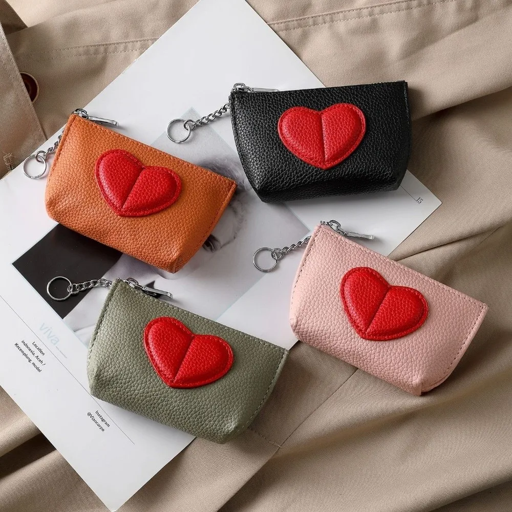 Cute Love Heart Coin Purse PU Leather with Zipper Earphone Key Storage Bag Solid Color Portable Students Card Holder