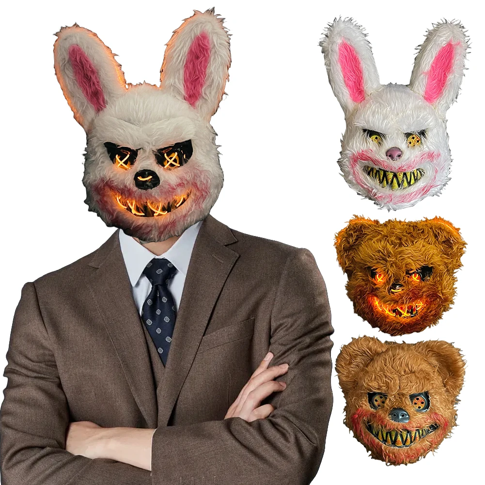 LED Glowing Cosplay Bloody Rabbit Bear Mask Halloween Scary Killer Bunny Simulate Animal Fur Mask Masquerade Horror Costume Prop