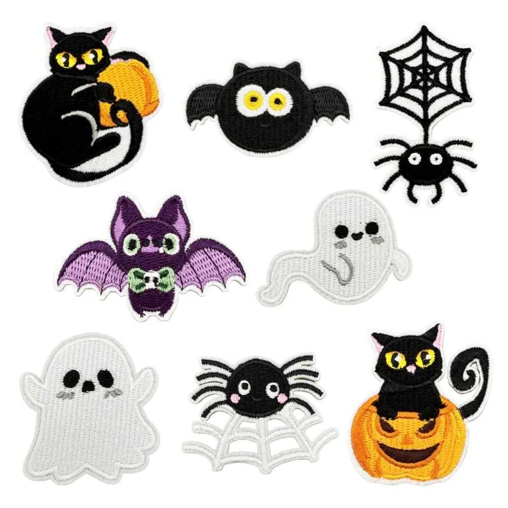 Halloween Embroidery Patch Pumpkin Bat Costume Hot Melt Adhesive Decoration Ghost Hat Badge Black Cat Cloth Sticker Holiday Gift