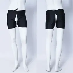 Pantalones cortos transparentes para hombre, ropa interior Sexy con cremallera, entrepierna abierta, talla grande