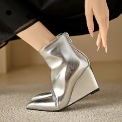 Wedges High Heels Silver Women Ankle Boots Pointed Toe Women's Bota With Zip
