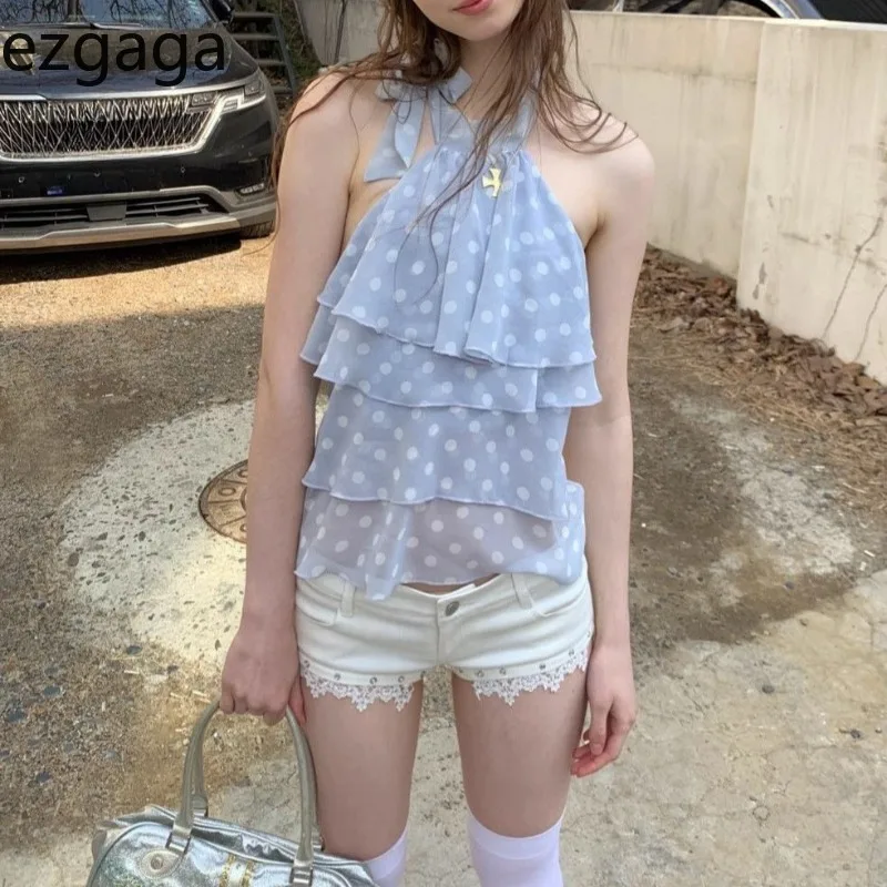 

Ezgaga Crop Tank Tops Women Sexy Polka Dot Halter Vintage Fashion Slim Y2k Harajuku Ruffles Sweet Casual Ladies Camisole