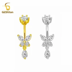 G23Titan14G Titanium Steel Bar Butterfly Droplet Pendant with Navel Ring Perforated Curved Barbell Sexy Women's Navel Earring