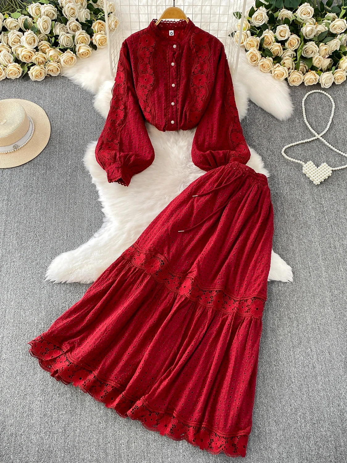 Conjunto de Duas Peças F Estilo Retrô: Csa de Botões Vazada com Renda e Saia Midi de Cintura Alta Modeladora - Moda...