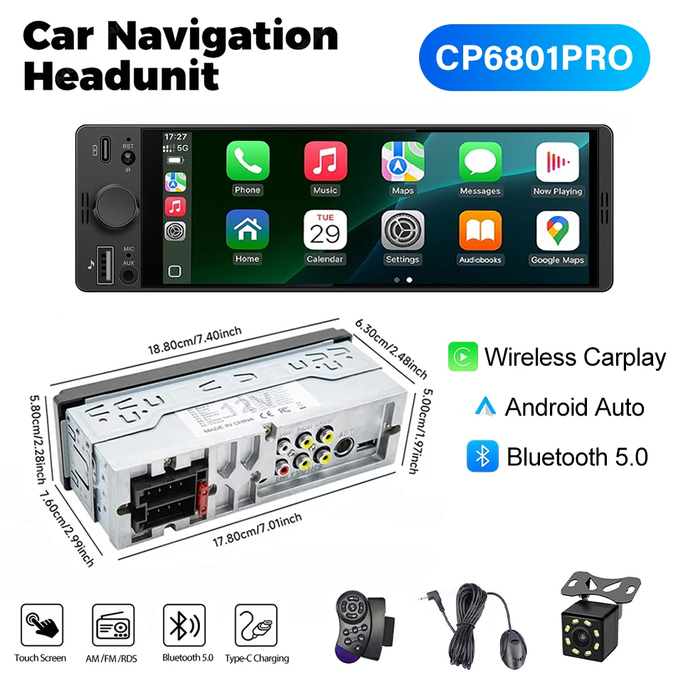 1DIN 6.86 inch universele MP5 autoradio met draadloze Carplay, Android Auto, AUX, USB, BT, touchscreen en multimediaspeler