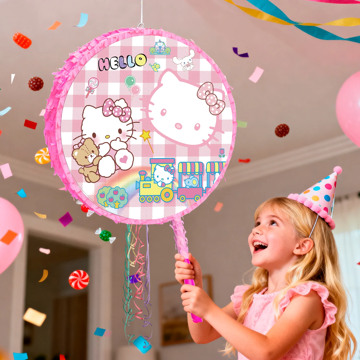 Piñata de Hello Kitty, Juego de 4 Piezas de Piñata de Hello Kitty - Piñata de Hello Kitty de 17.58 Pulgadas y Palos, Antifaz, etc. Suministros para Fiestas de Hello Kitty