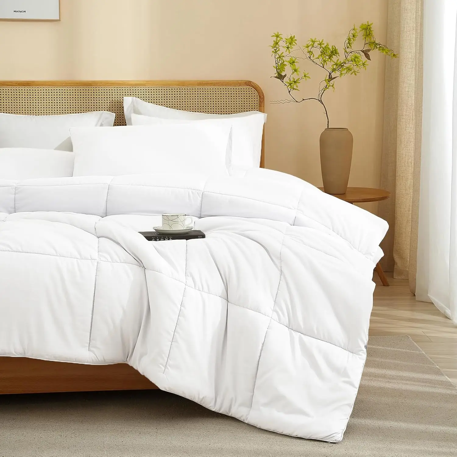 3PCS Comforter Set White Quilt Bedding Set (1 Comforter and 2 Pillowcase) Stitched Plaid Comforter Set Washable for Bedroom