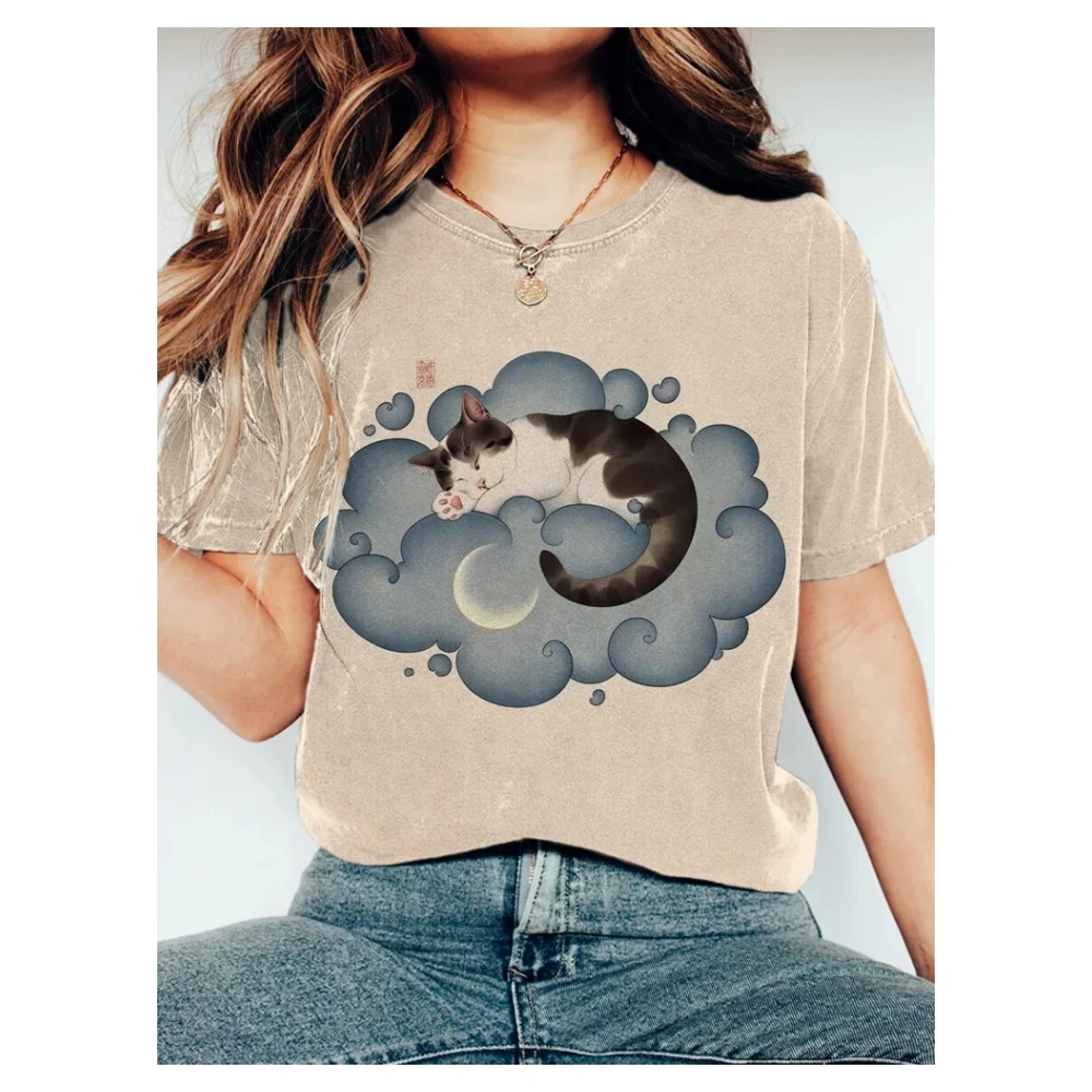 Sleeping Black Cat Cloud Graphic Women Short Sleeved O Neck T Shirt