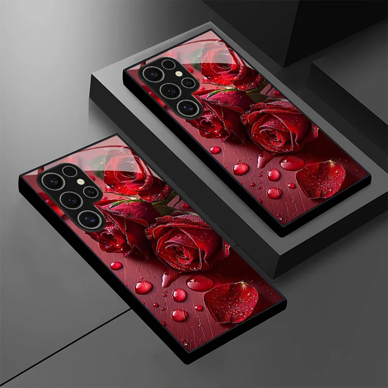

Brilliant Water Droplet Rose Pattern Glass Phone Case for Samsung Galaxy S26/S25 Plus/S25 Ultra，S24 Plus/S24 Ultra A16\A36\A56