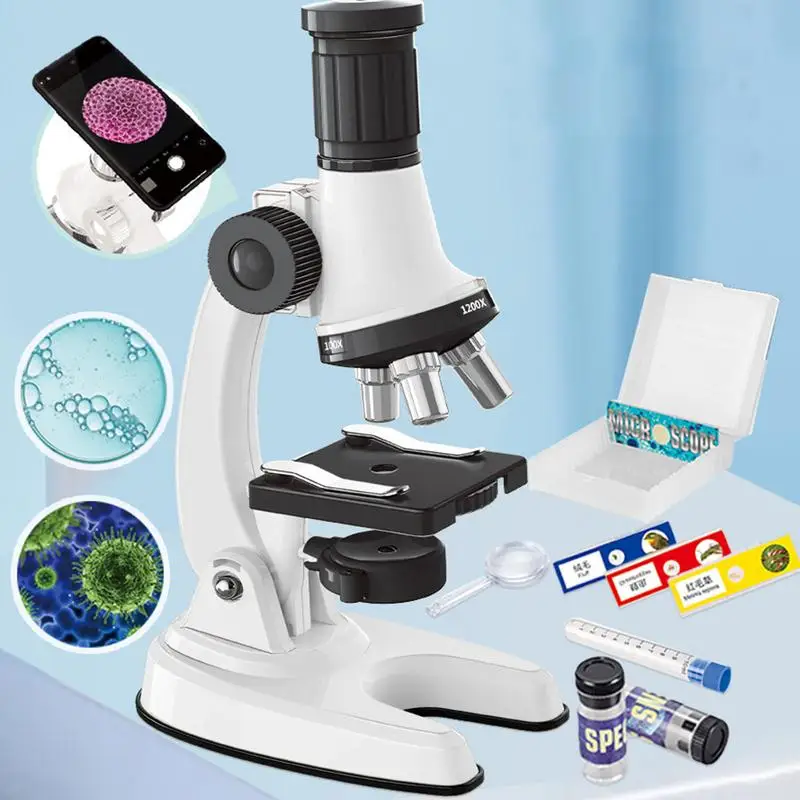 Kids Microscope Kit 1200x Magnification Monocular Microscope Kit Educational Powerful Biological Microscopes Kids Beginner